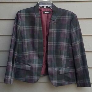 Nine West Black Purple Green Plaid Open Front Jacket